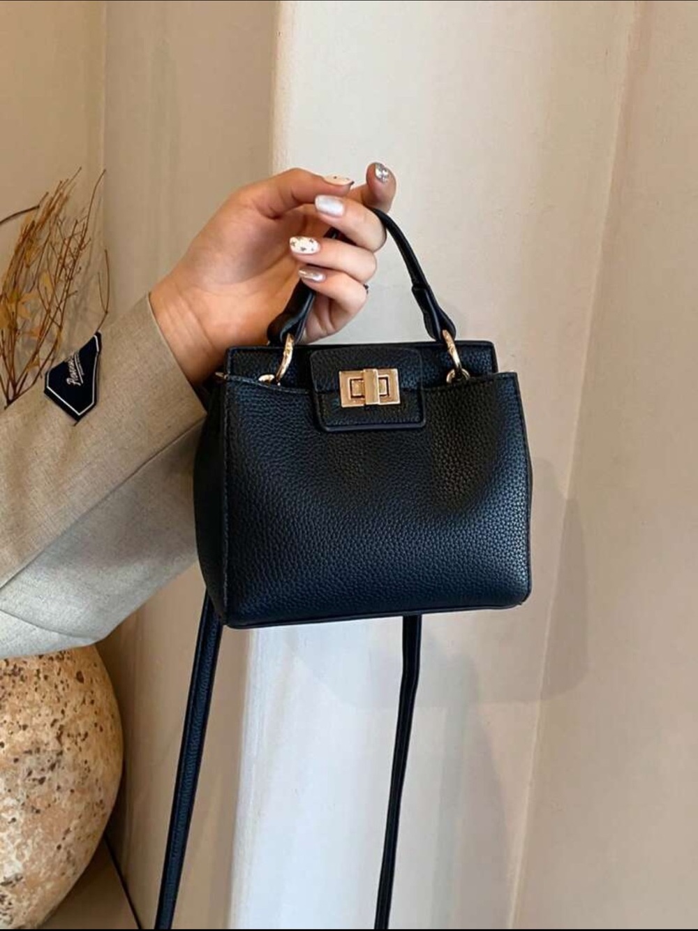 Black Pebbled Leather Top-Handle Crossbody Mini Bag - Picture 4 of 10